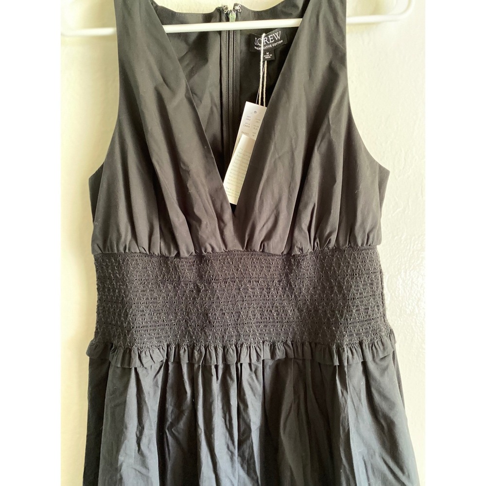 NEW J.Crew Plunge Smocked-Waist Dress Cotton Poplin Black Womens Medium - Picture 6 of 12